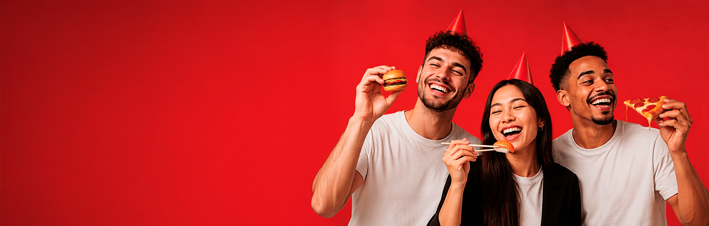 Amigos comemorando com sushi, hambúrguer e pizza no Jafred